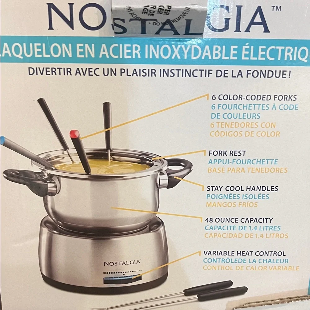 Nostalgia Electric Silver Fondue Set with Black Handles. 6 Forks